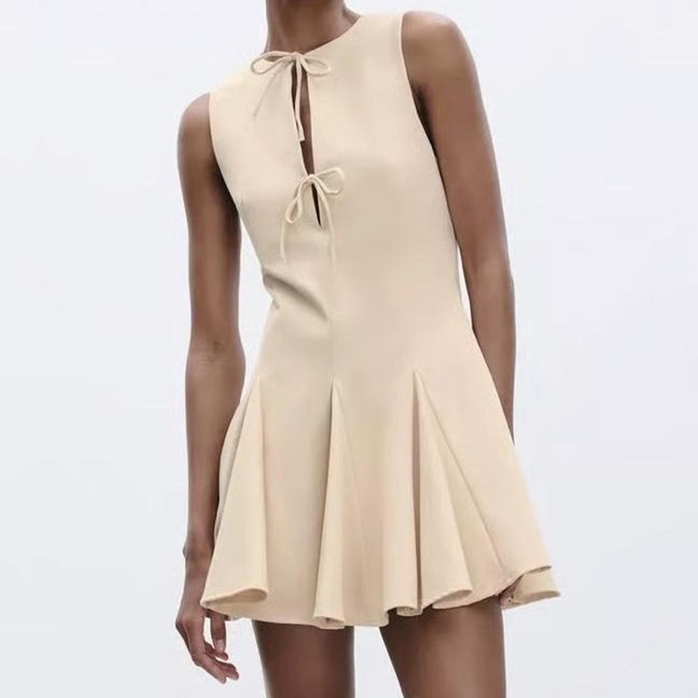 Zara Beige Mini Godet Fit & Flare Dress w/ Front Bow Detail, Sleeveless Sz M NWT - Picture 7 of 8